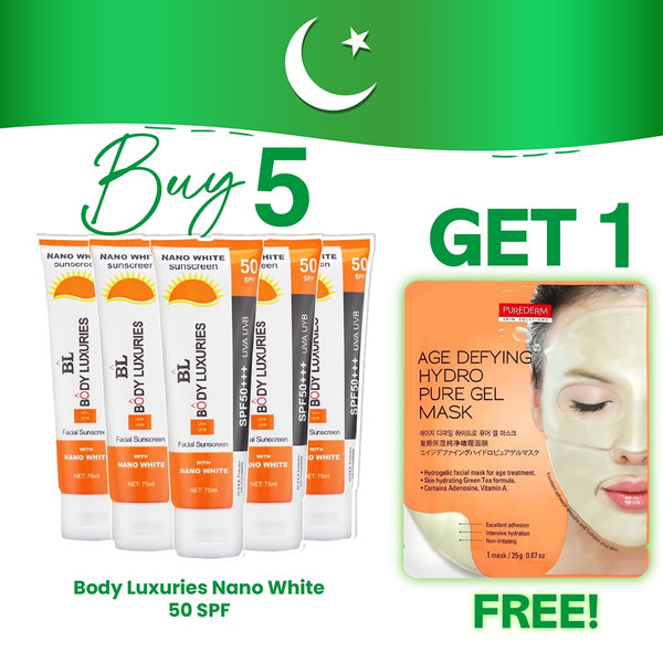 Buy 5 Nano White Sunscreens SPF-50 & Get 1 Purederm Mask Free