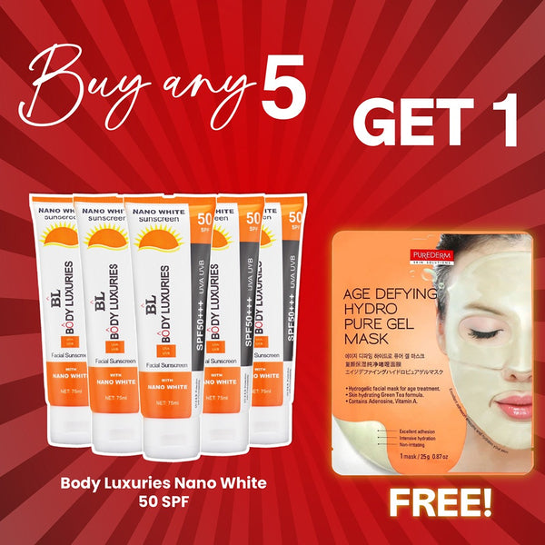 Buy 5 Nano White Sunscreens SPF-50 & Get 1 Purederm Mask Free